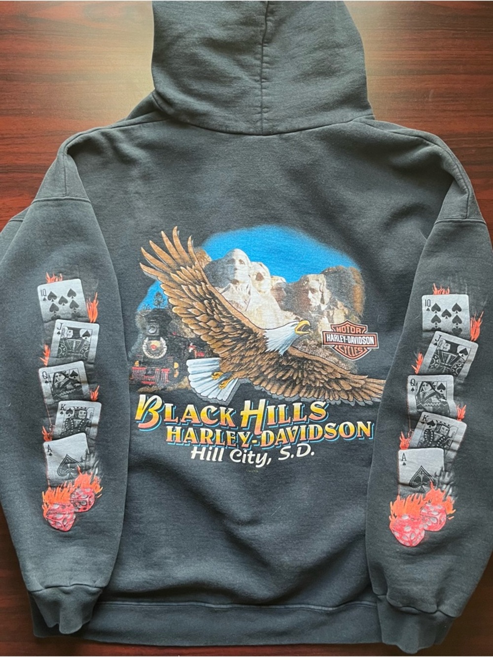 Vintage Harley Davidson Hoodie Flame Zip Up Dice Vegas Eagle Black Hills Size L
